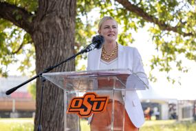 OSU President Kayse Shrum gives remarks before the unveiling.