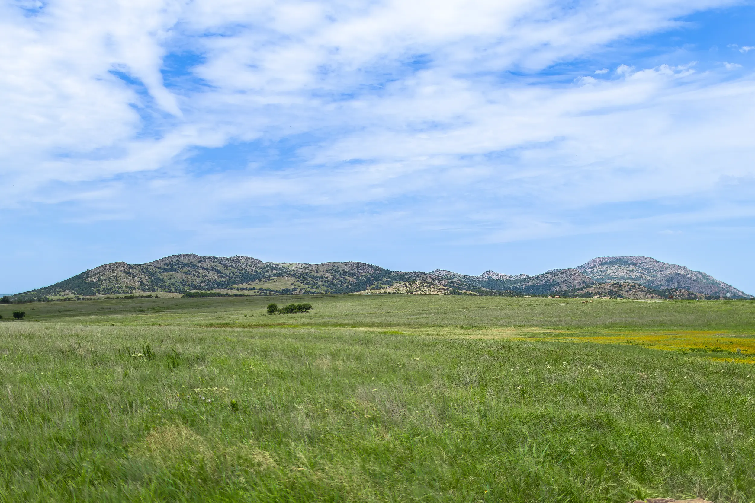 Rolling prairie hills in front of Wichita Mountains.